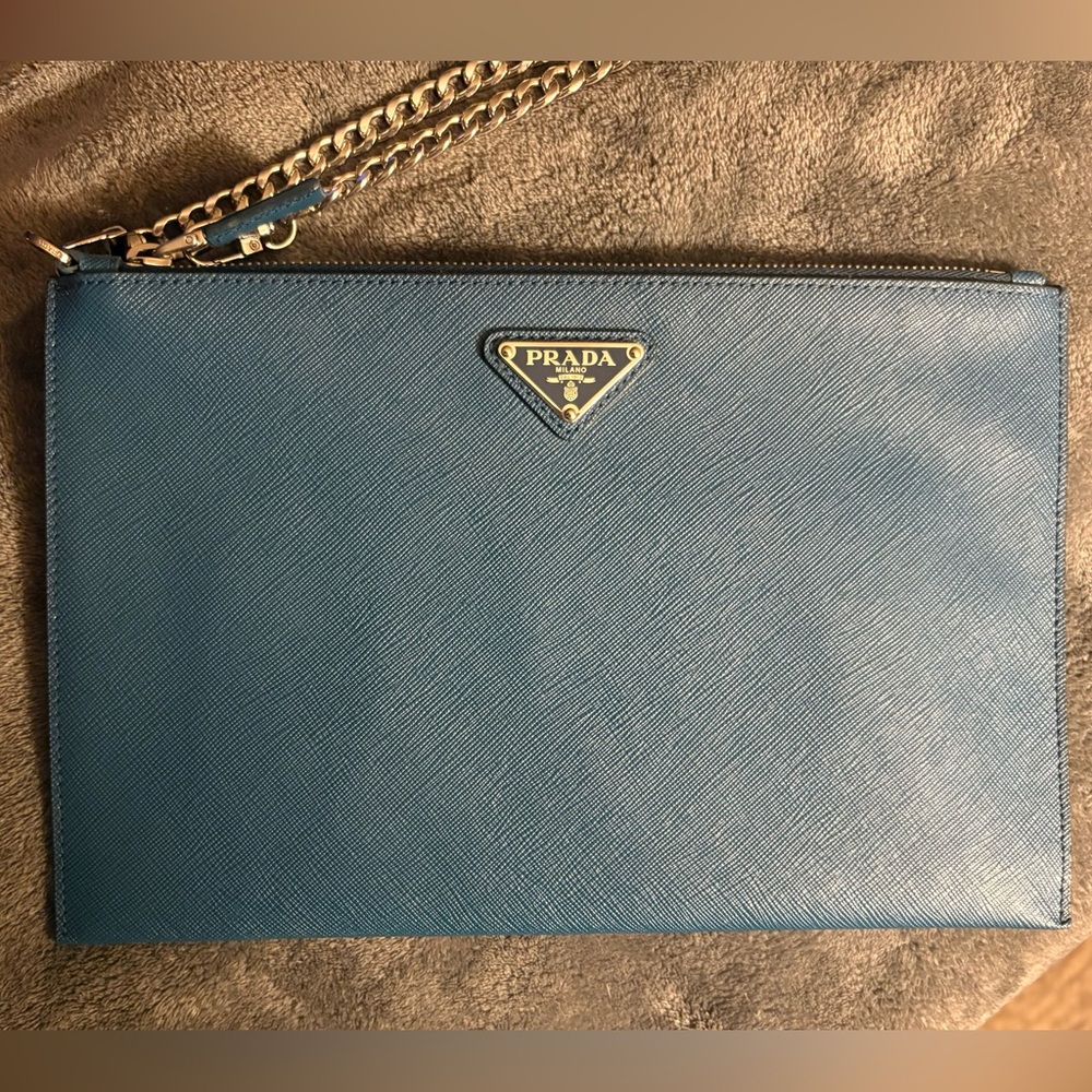 NWOT Prada Saffiano Leather Zip Pouch Clutch / Document Holder 11x7” Cobalt Blue - Picture 7 of 11